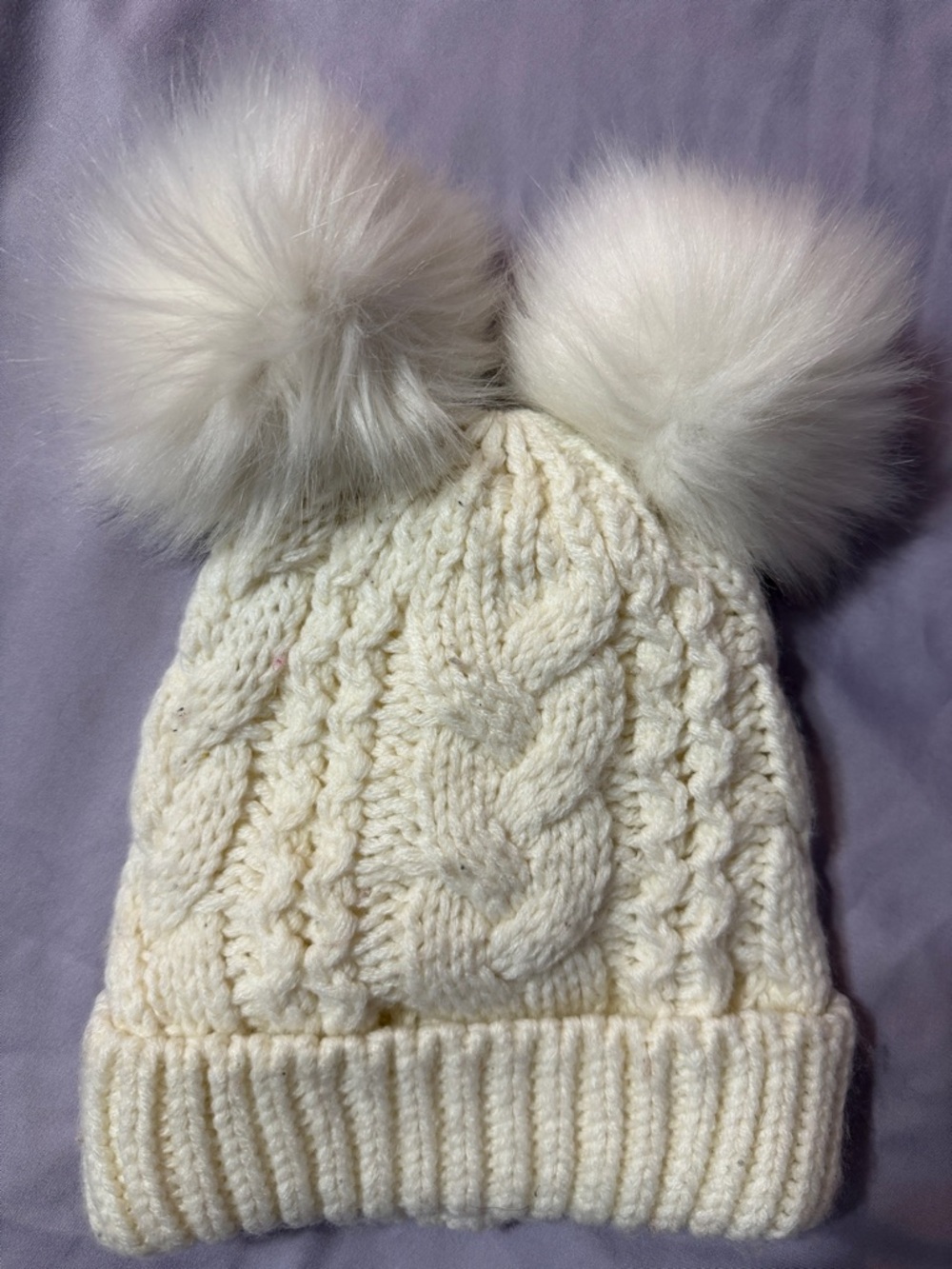 GAP Cream Cable Knit Kids Beanie with Double Faux-Fur Poms